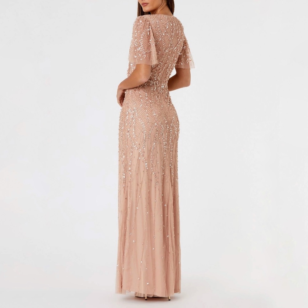 NWT Mac Duggal 35109 Nude Pink Size 12 Embellished Flutter Sleeve Gown Dress - Picture 2 of 9